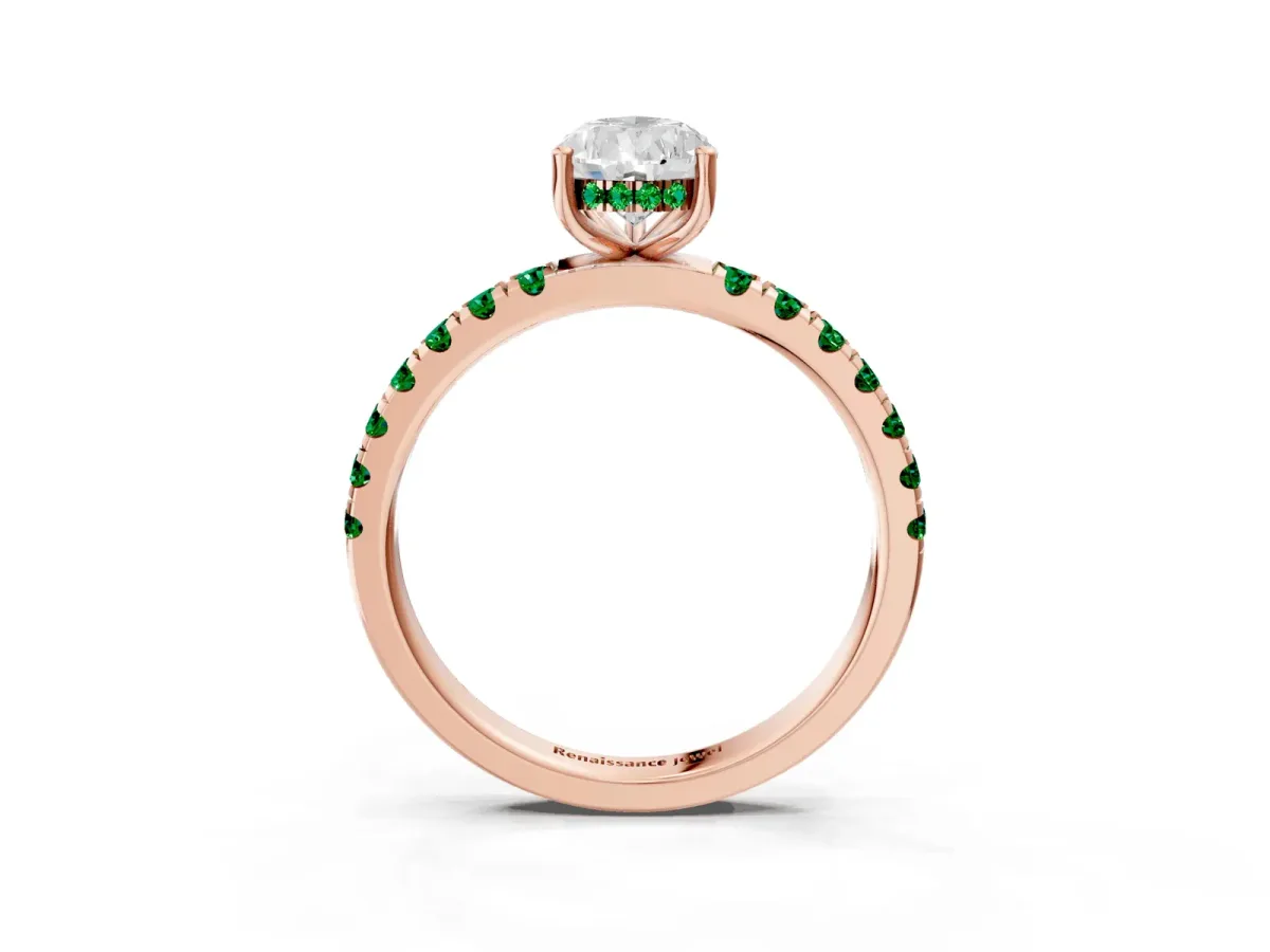 Pear Cut Diamond Pave Band Solitaire Ring with Round Emerald and Prong Setting Rose gold