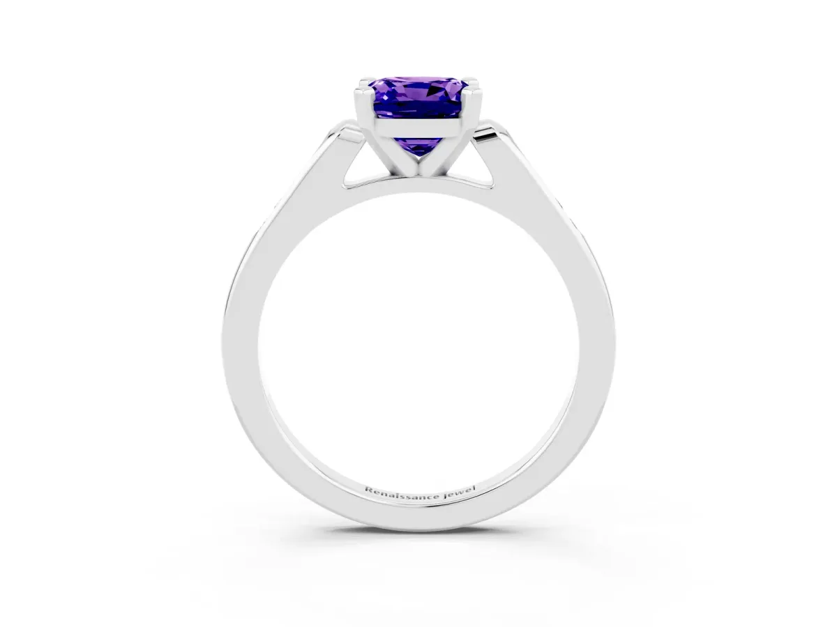 Cushion Cut Tanzanite Solitaire Ring with Channel Set Round Band and Prong Setting Silver