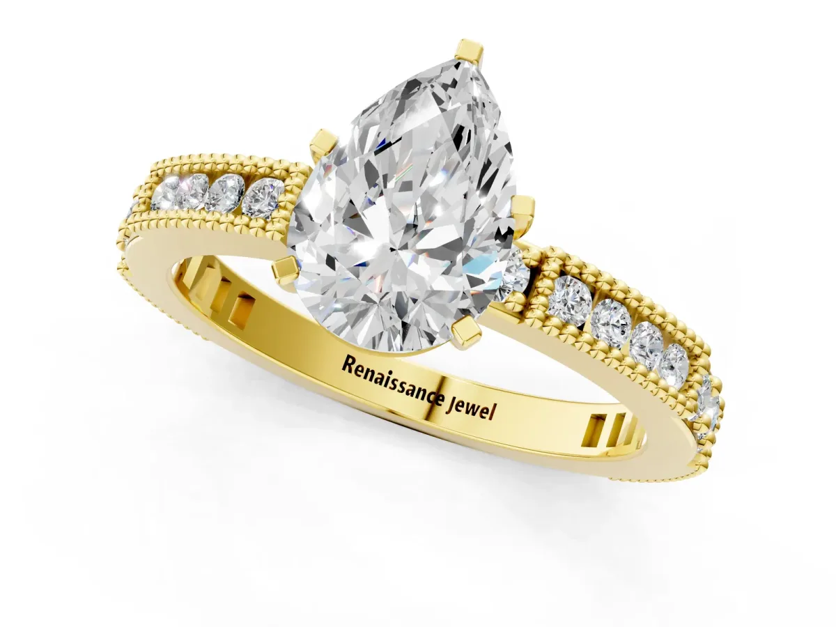 Pear Cut Solitaire with Pavé Band and Four-Prong Setting Yellow gold