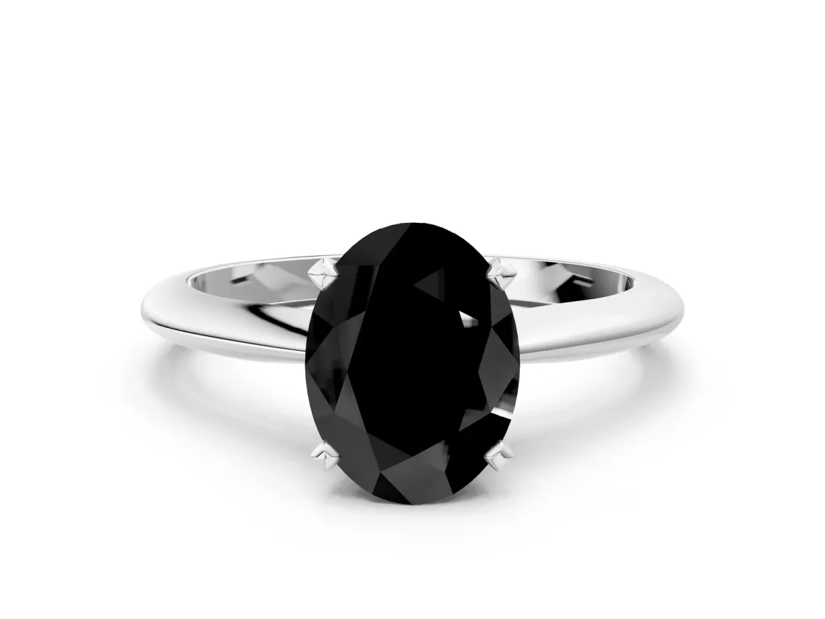 Fancy Black Oval Cut Diamond Solitaire Engagement Ring with Classic Band and Four-Prong Setting Silver