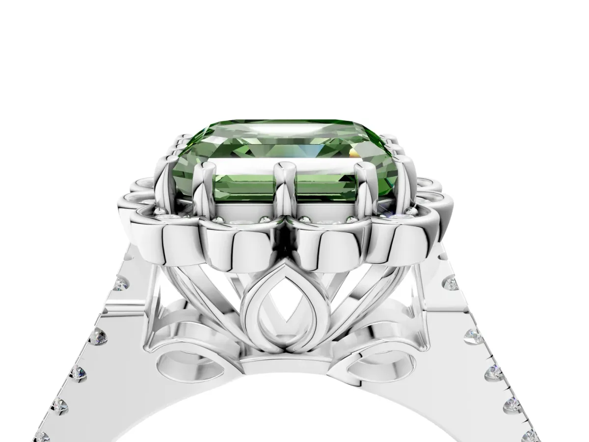 Fancy Green Asscher Cut Halo Diamond Floral Split Shank Engagement Ring Platinum