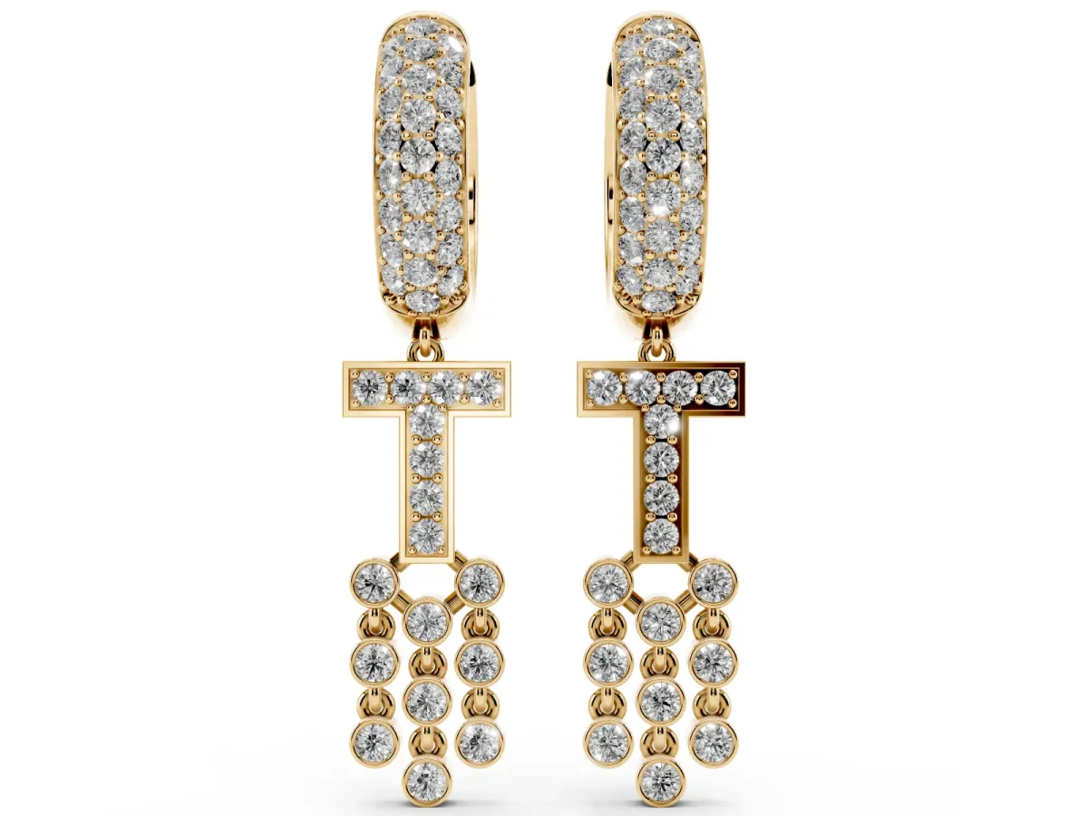 Round Diamond Initial T Huggie Hoop Earrings Yellow gold