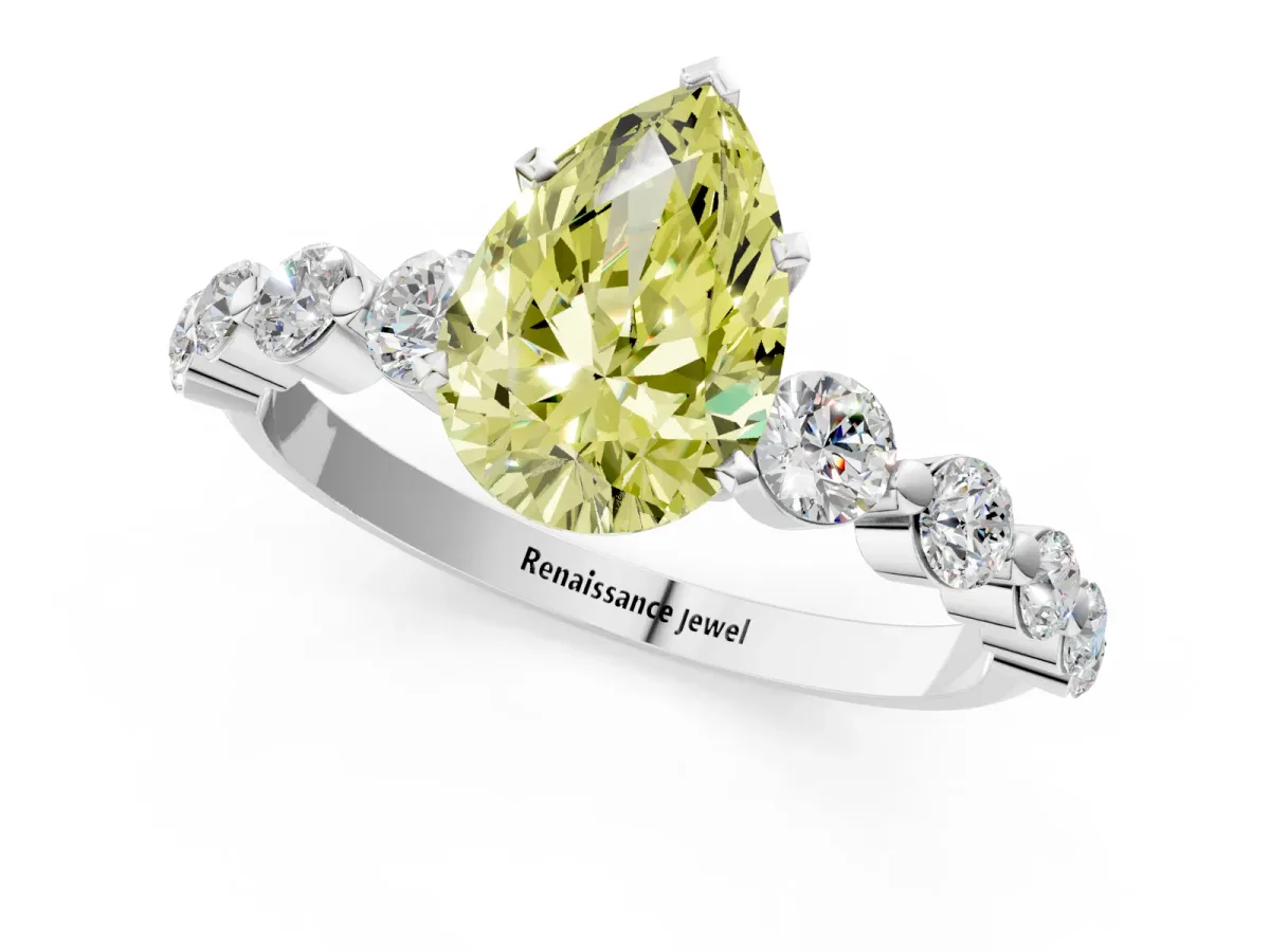 Fancy Yellow Pear Cut Solitaire Diamond Ring with Pave Band and Four-Prong Setting Silver