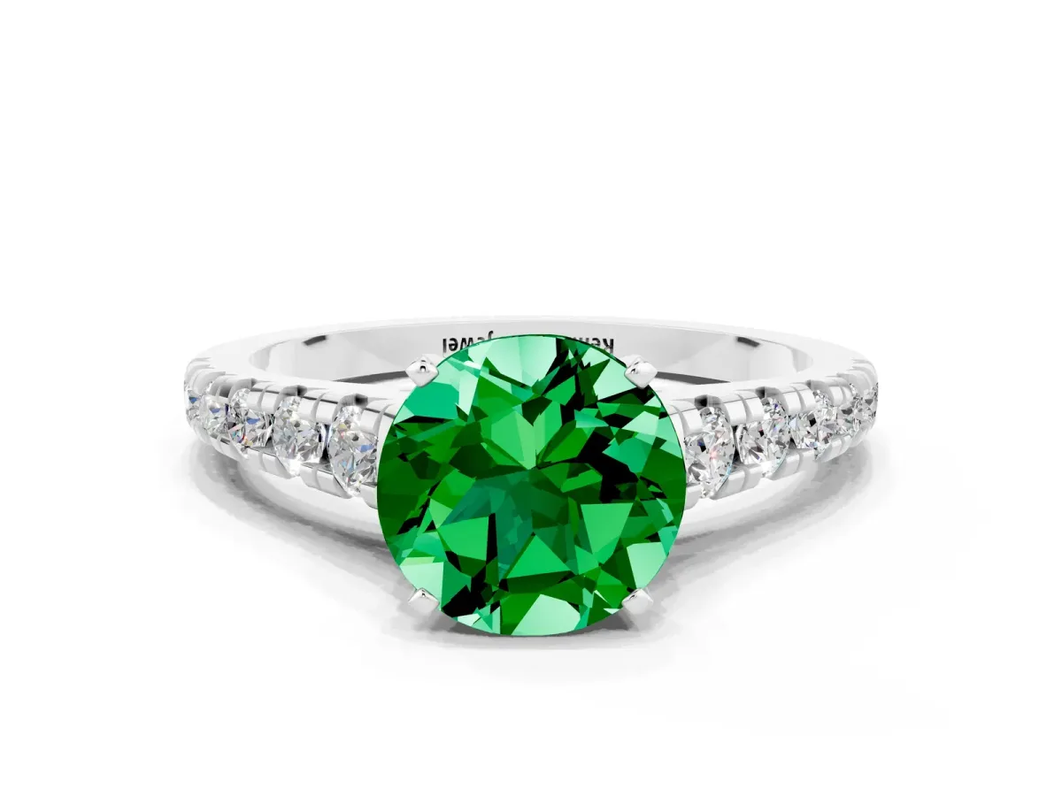 Round Cut Emerald Cathedral Solitaire Ring with Round Pavé Band White gold