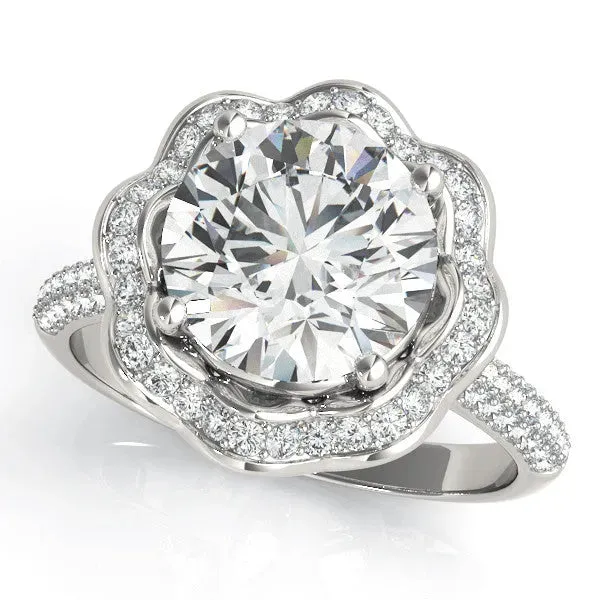 Round Cut Halo Diamond Floral Pave Band Ring with Four-Prong Setting Silver