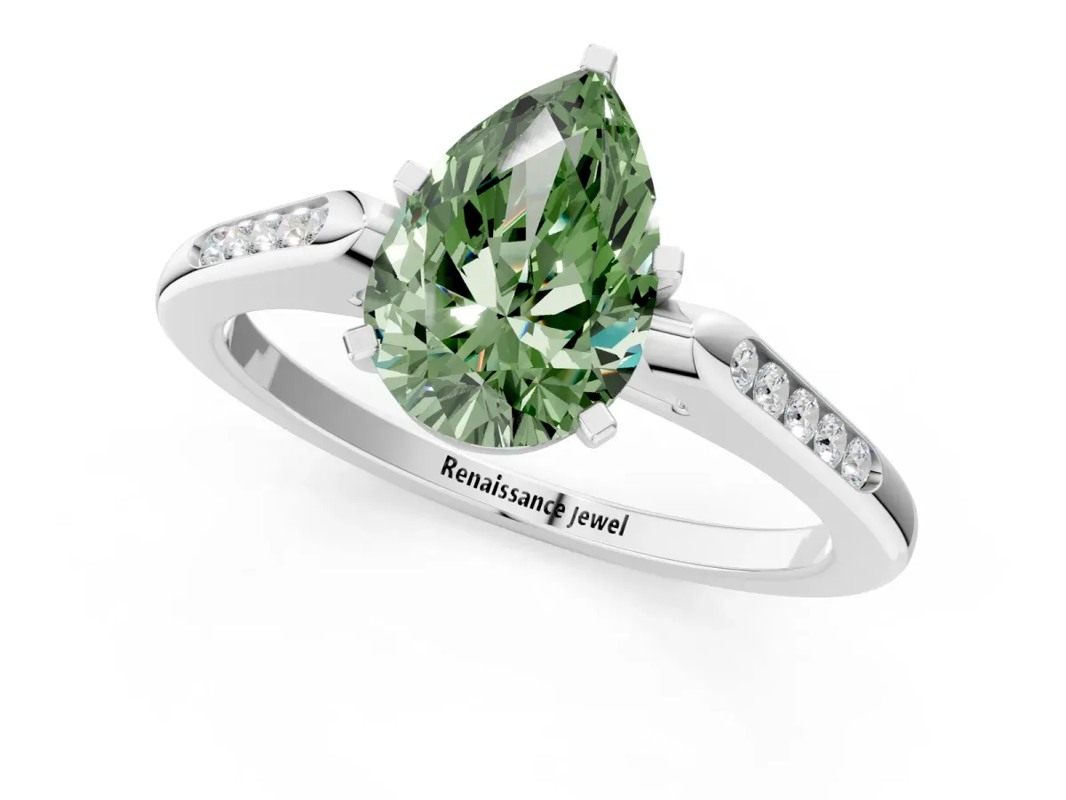 Fancy Green Pear Cut Diamond Solitaire Ring with Channel Set Round Band and Prong Setting Silver