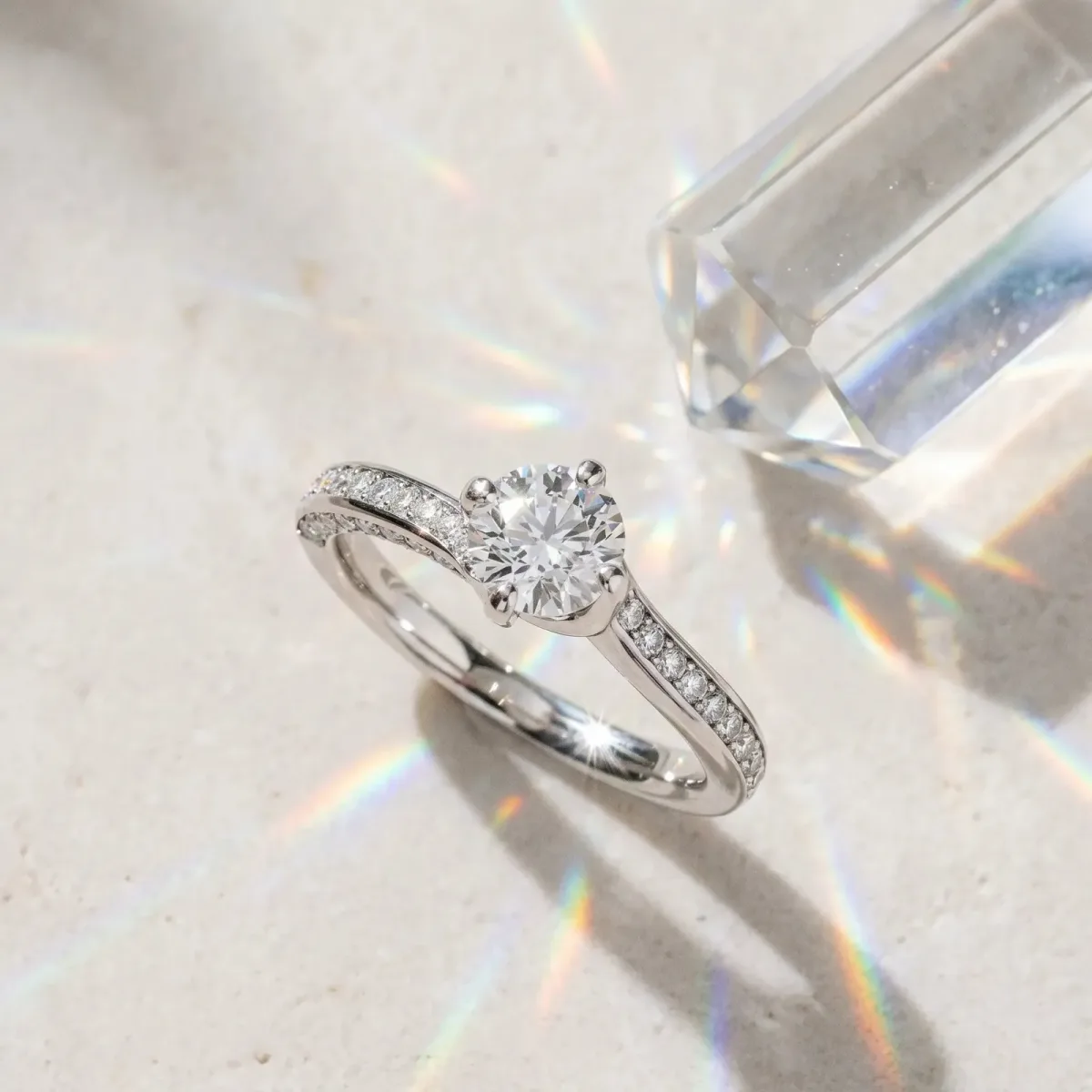 Asscher Cut Solitaire Diamond Twist Band with Pavé Setting and Four-Prong Setting Platinum