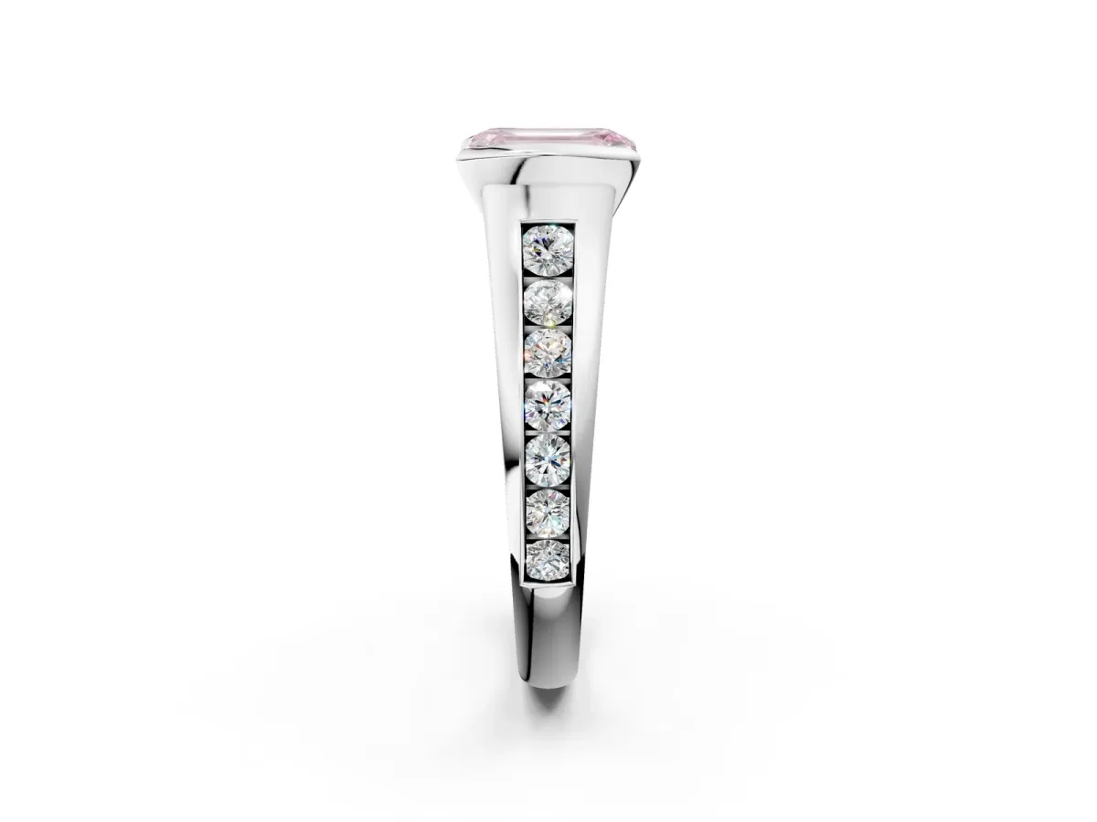 Fancy Pink Emerald Cut Solitaire Bezel-Set Diamond Ring with Channel-Set Band Platinum