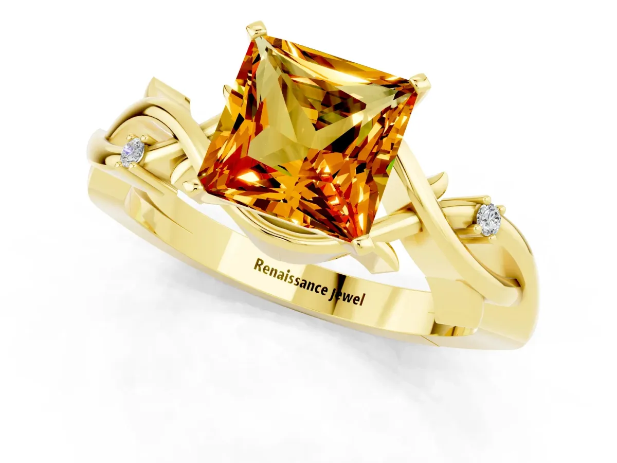 Princess Cut Citrine Solitaire Ring with Twisted Band and Prong Setting Yellow gold