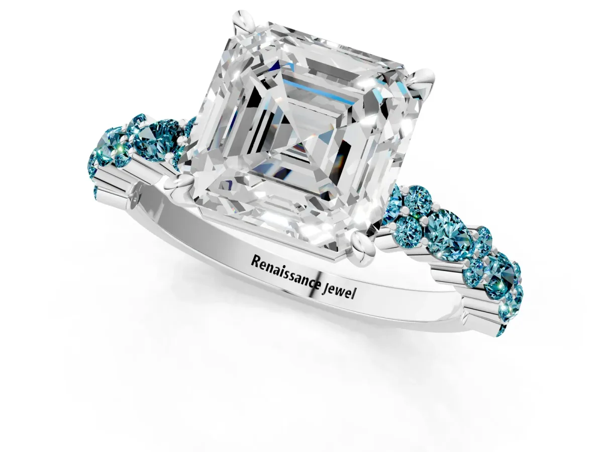 Asscher Cut Diamond Side Stone Solitaire Ring with Round Blue Topaz and Four-Prong Setting Platinum