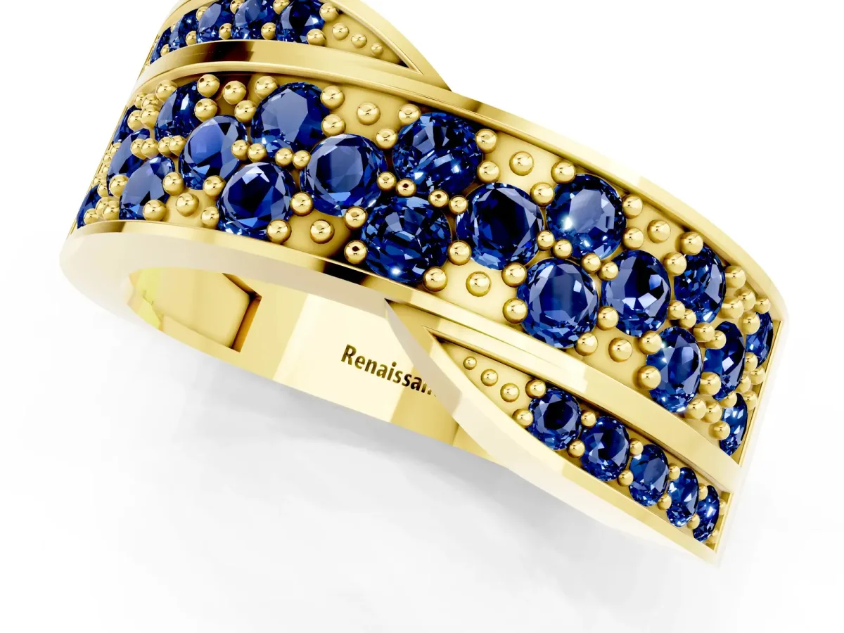 Pavé Round Blue Sapphire Crossover Band with Bead Prong Setting Yellow gold