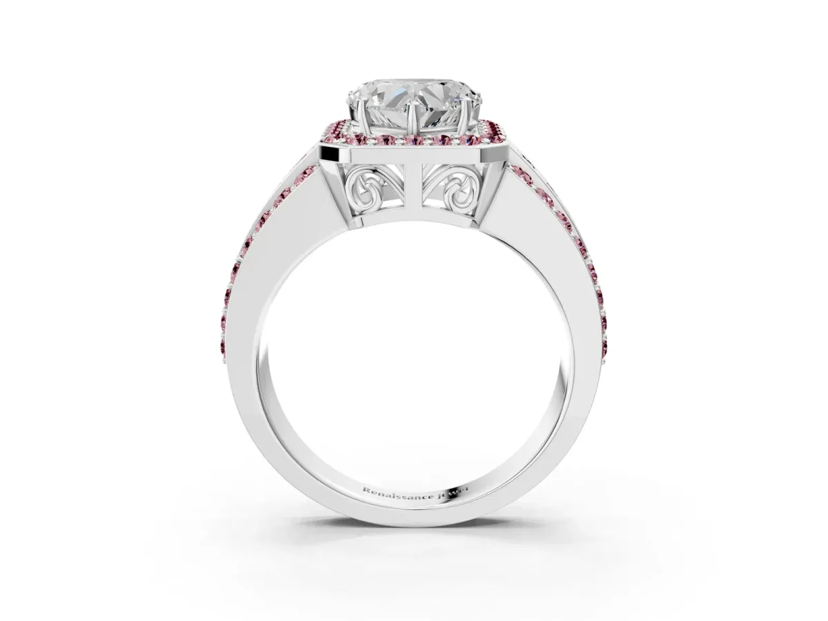 Heart Cut Halo Diamond Ring with Round Morganite Split Shank and Prong Setting Platinum
