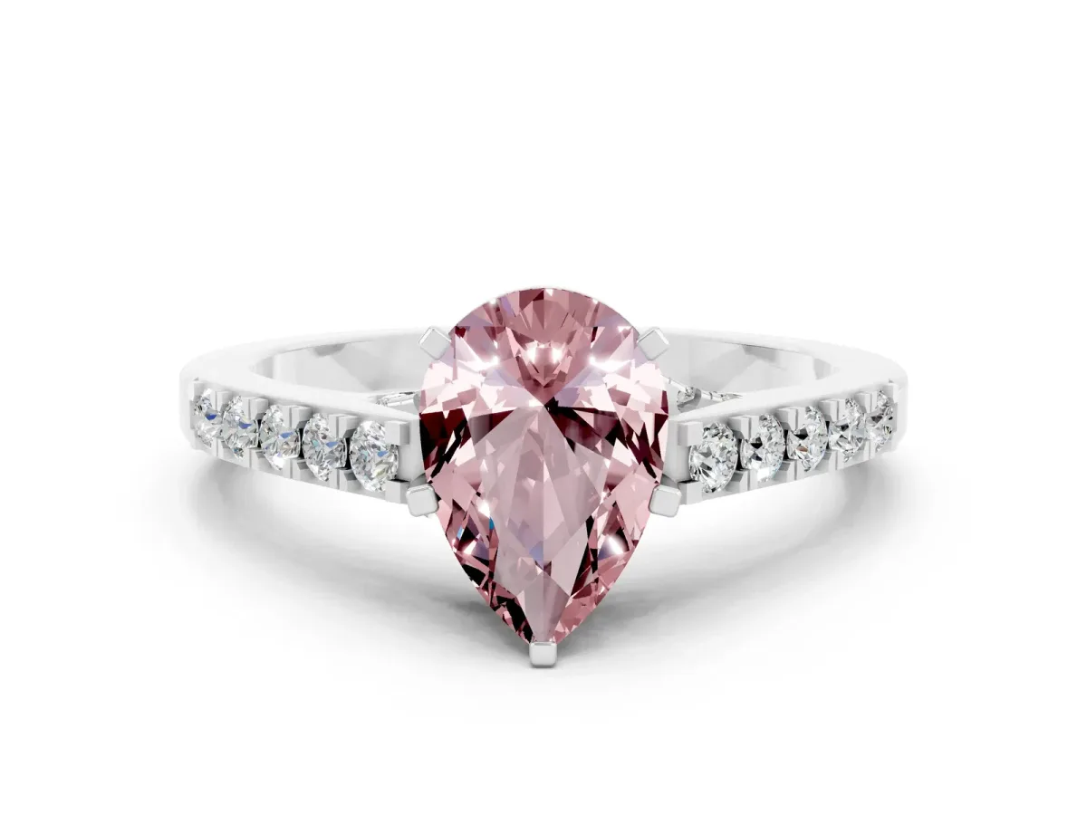 Pear Cut Morganite Solitaire Ring with Crossover Gallery and Round Pavé Band Silver