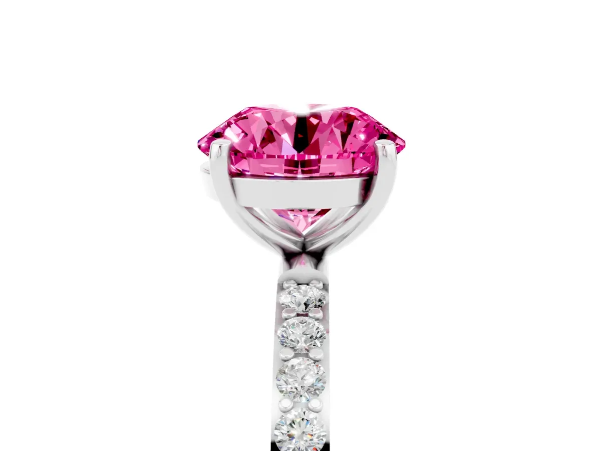 Round Cut Pink Sapphire Solitaire Ring with Round Pavé Band and Prong Setting Silver