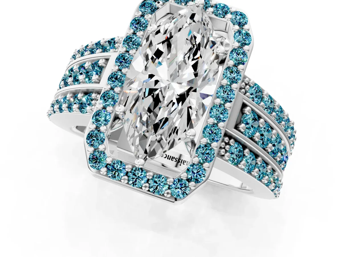 Marquise Cut Halo Diamond Ring with Round Blue Topaz Split Shank and Prong Setting Silver