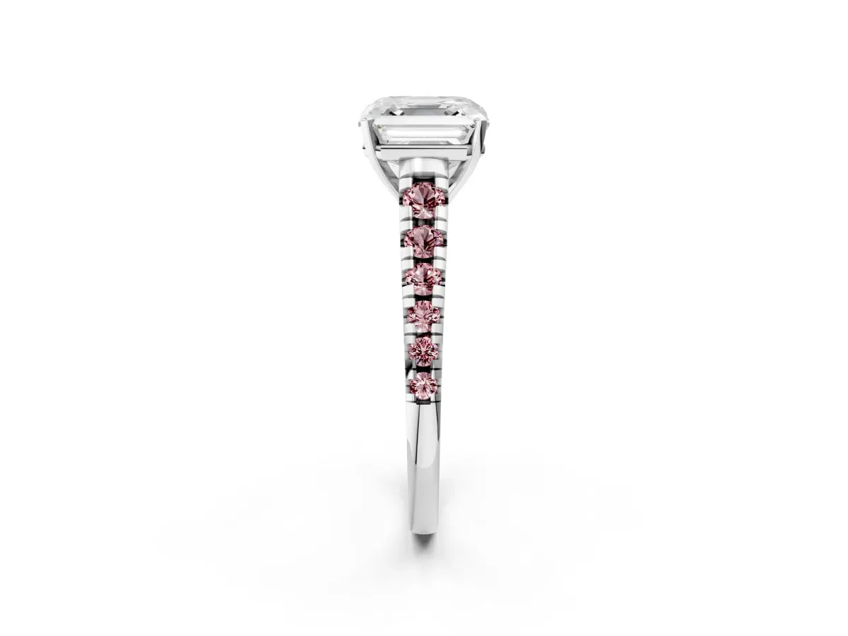 Asscher Cut Diamond Cathedral Solitaire Ring with Round Morganite Pavé Band Silver