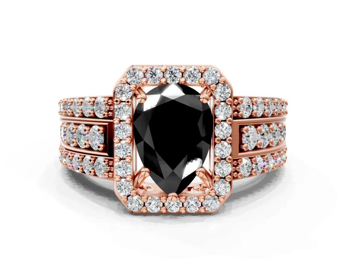 Fancy Black Pear Cut Halo Diamond Ring with Round Split Shank and Prong Setting Rose gold