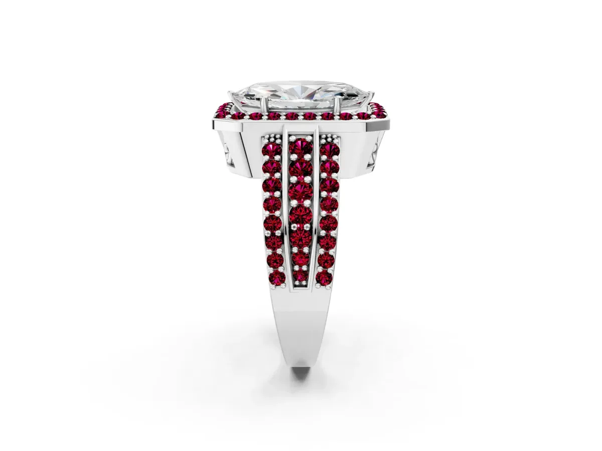 Marquise Cut Halo Diamond Ring with Round Garnet Split Shank and Prong Setting Platinum