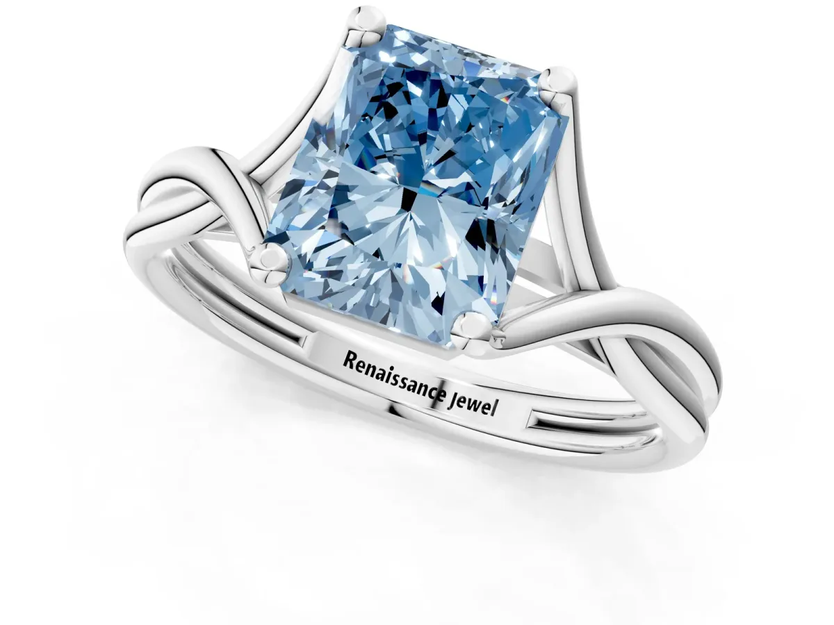 Fancy Blue Radiant Cut Diamond Solitaire Twist Band Prong Setting Ring Platinum
