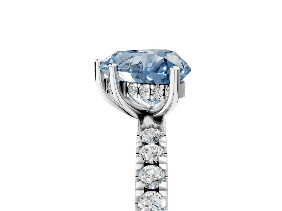 Fancy Blue Heart Cut Diamond Pave Band Solitaire Ring with Round and Prong Setting Platinum