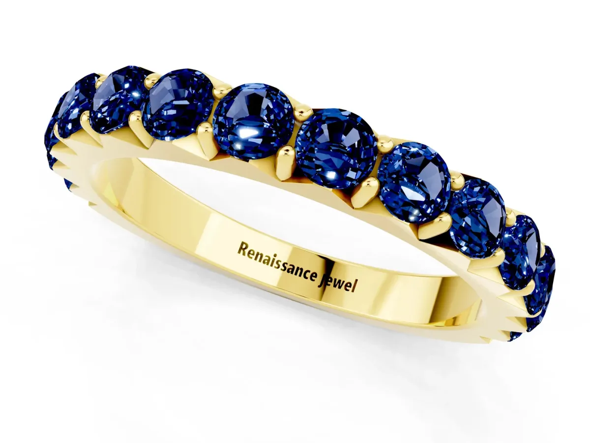 Round Blue Sapphire Half Eternity Band with Classic Prong Setting Yellow gold