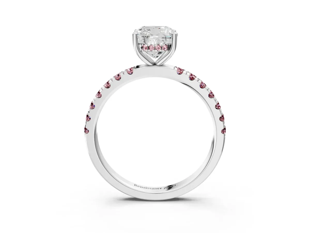 Cushion Cut Diamond Pave Band Solitaire Ring with Round Morganite and Prong Setting Silver