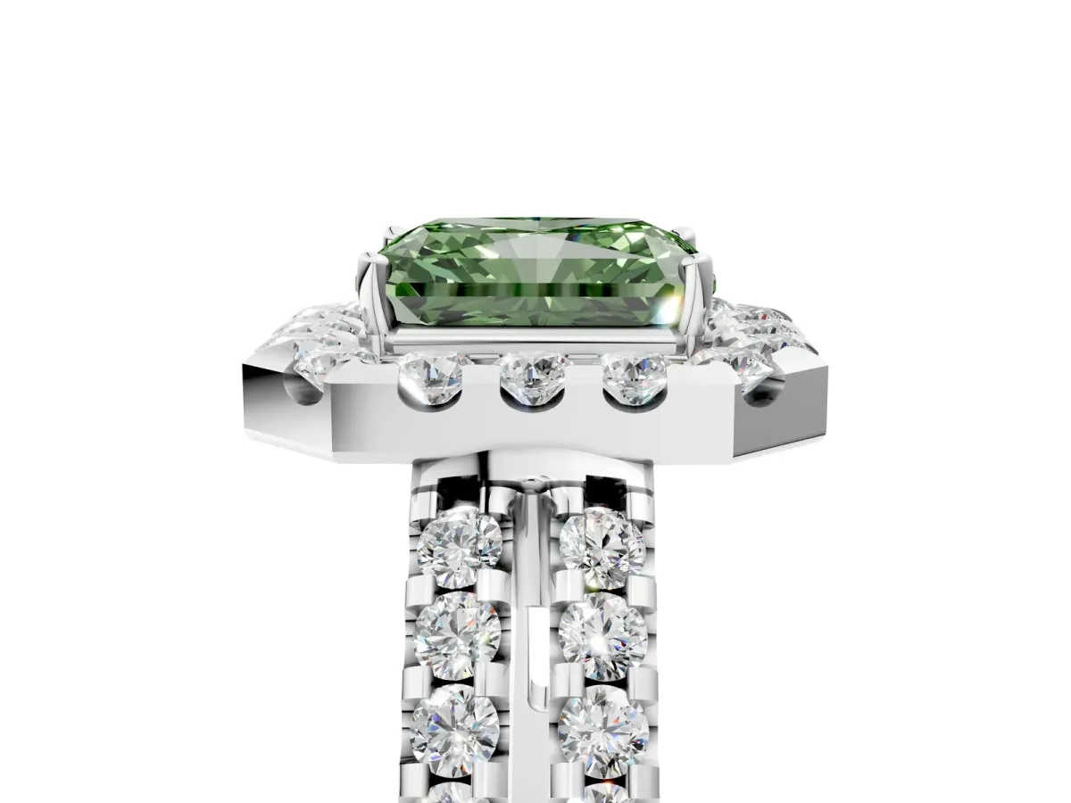 Fancy Green Radiant Cut Halo Diamond Split Shank Engagement Ring with Prong Setting Platinum