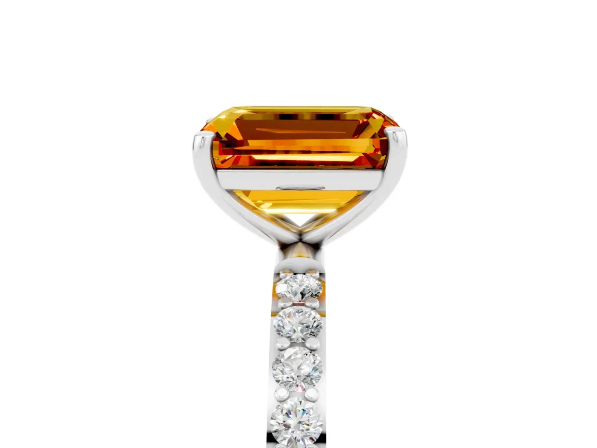 Emerald Cut Citrine Solitaire Ring with Round Pavé Band and Prong Setting Platinum