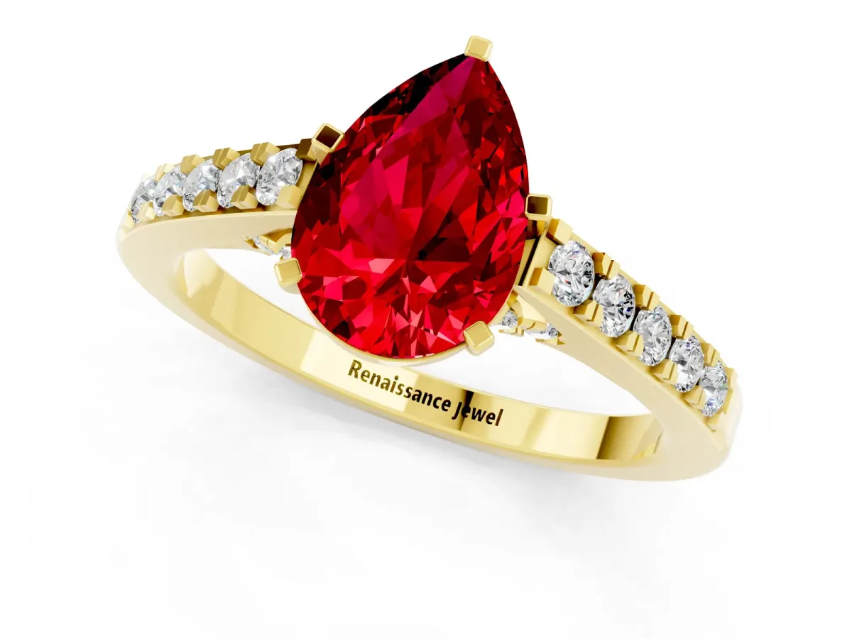 Pear Cut Ruby Solitaire Ring with Crossover Gallery and Round Pavé Band Yellow gold