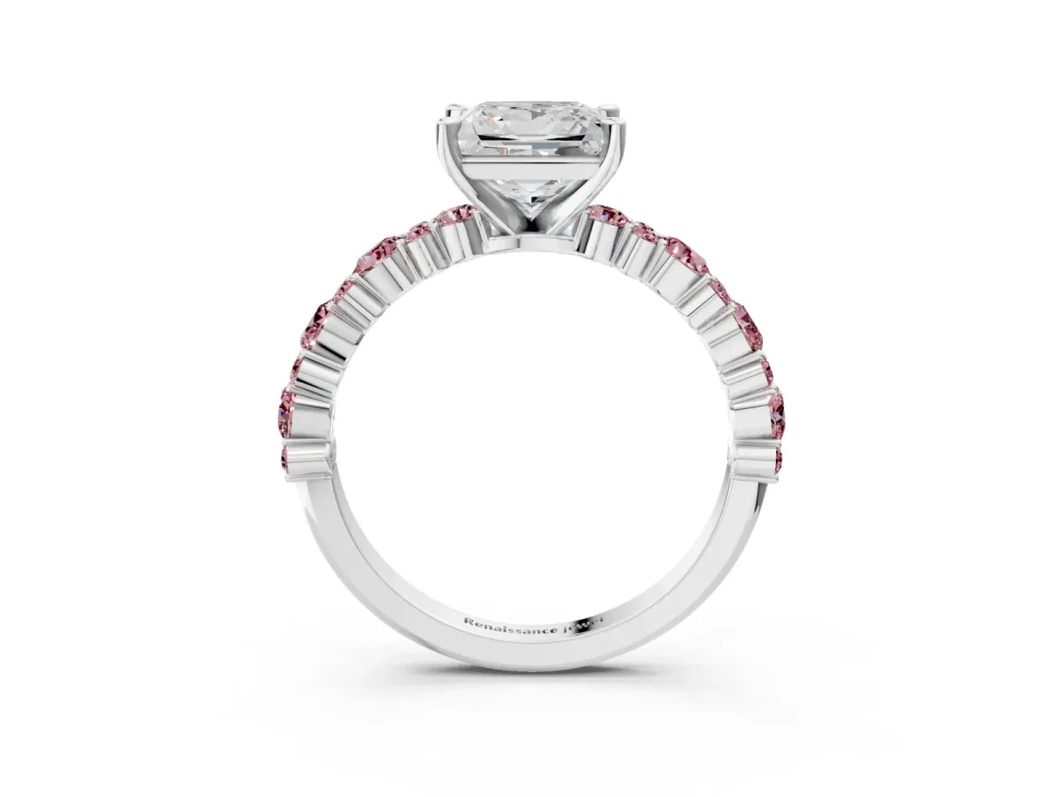 Princess Cut Diamond Side Stone Solitaire Ring with Round Morganite and Four-Prong Setting Silver