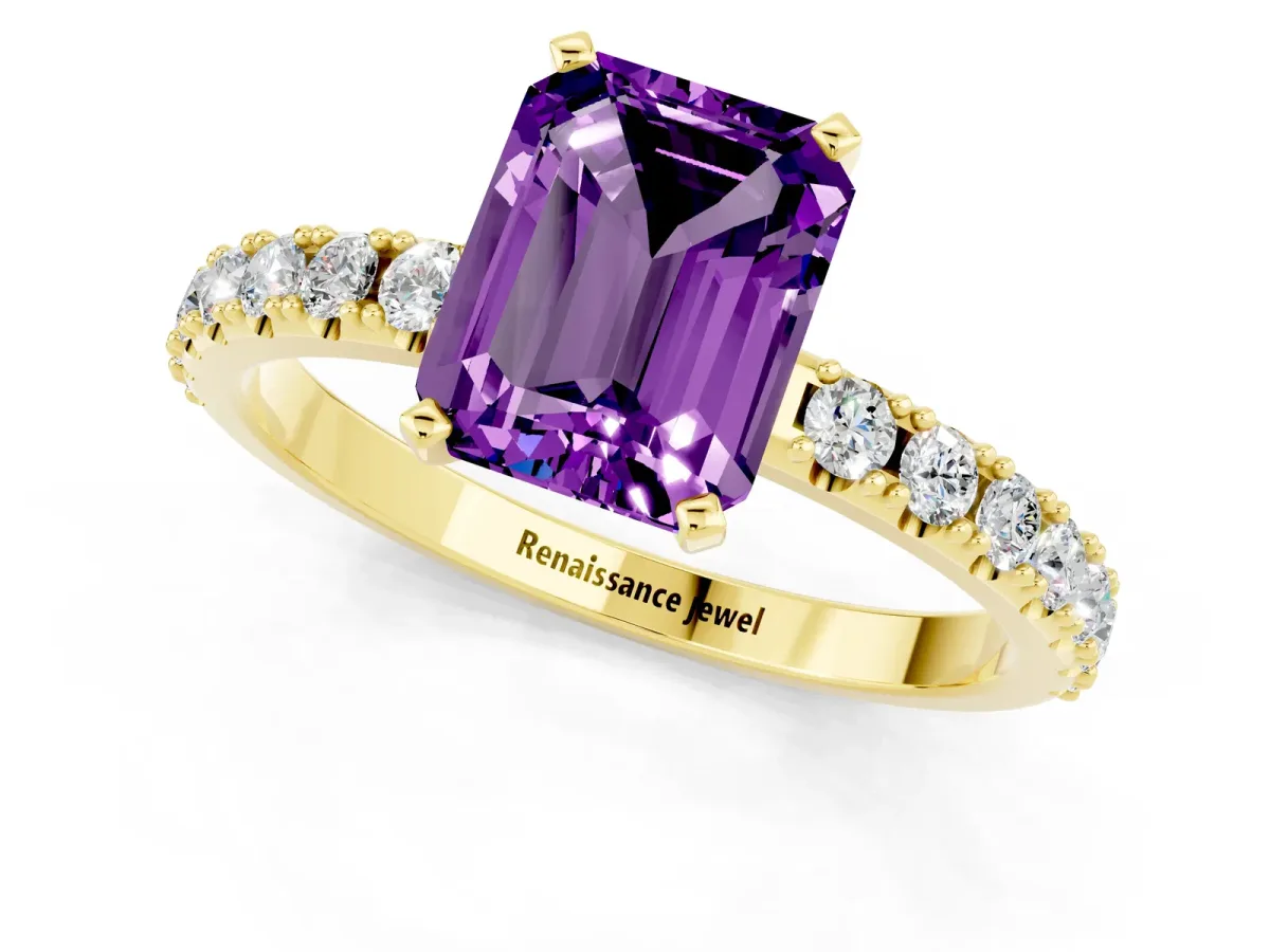 Emerald Cut Amethyst Solitaire Pavé Band with Four-Prong Setting Yellow gold