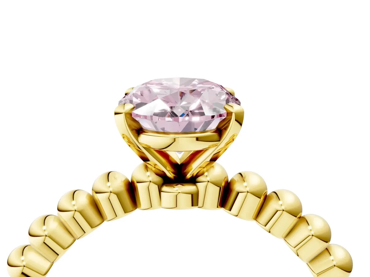 Fancy Pink Oval Cut Diamond Solitaire Ring with Beaded Band and Prong Setting Yellow gold