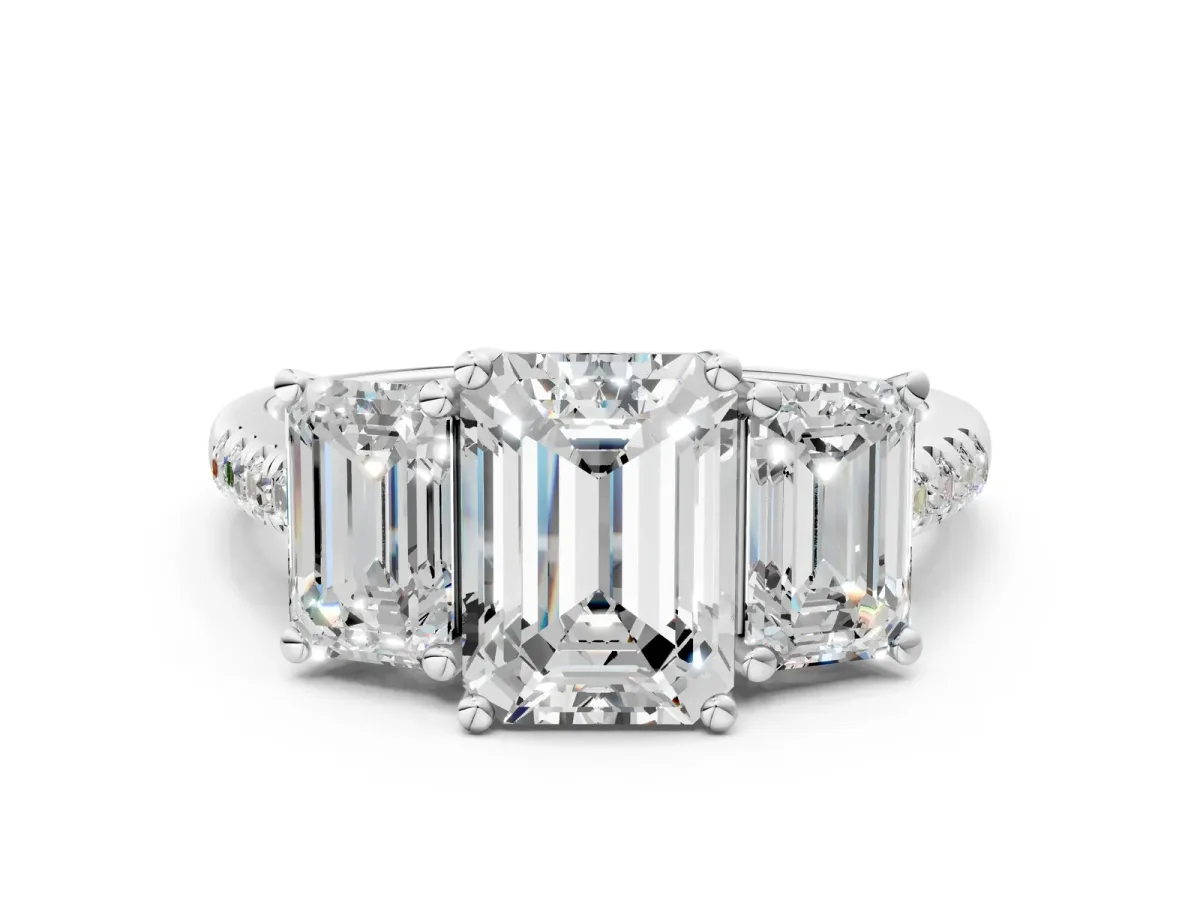 Three-Stone Emerald Cut Diamond Ring with Round Moissanite Pavé Band and Prong Setting Silver