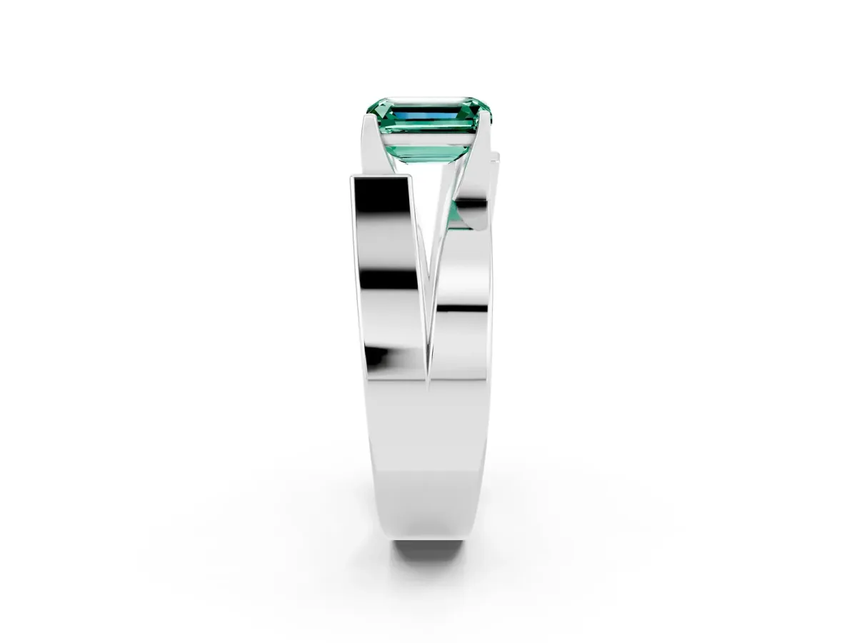 Modern Tension Set Emerald Cut Green Sapphire Solitaire Wide Band Ring Silver