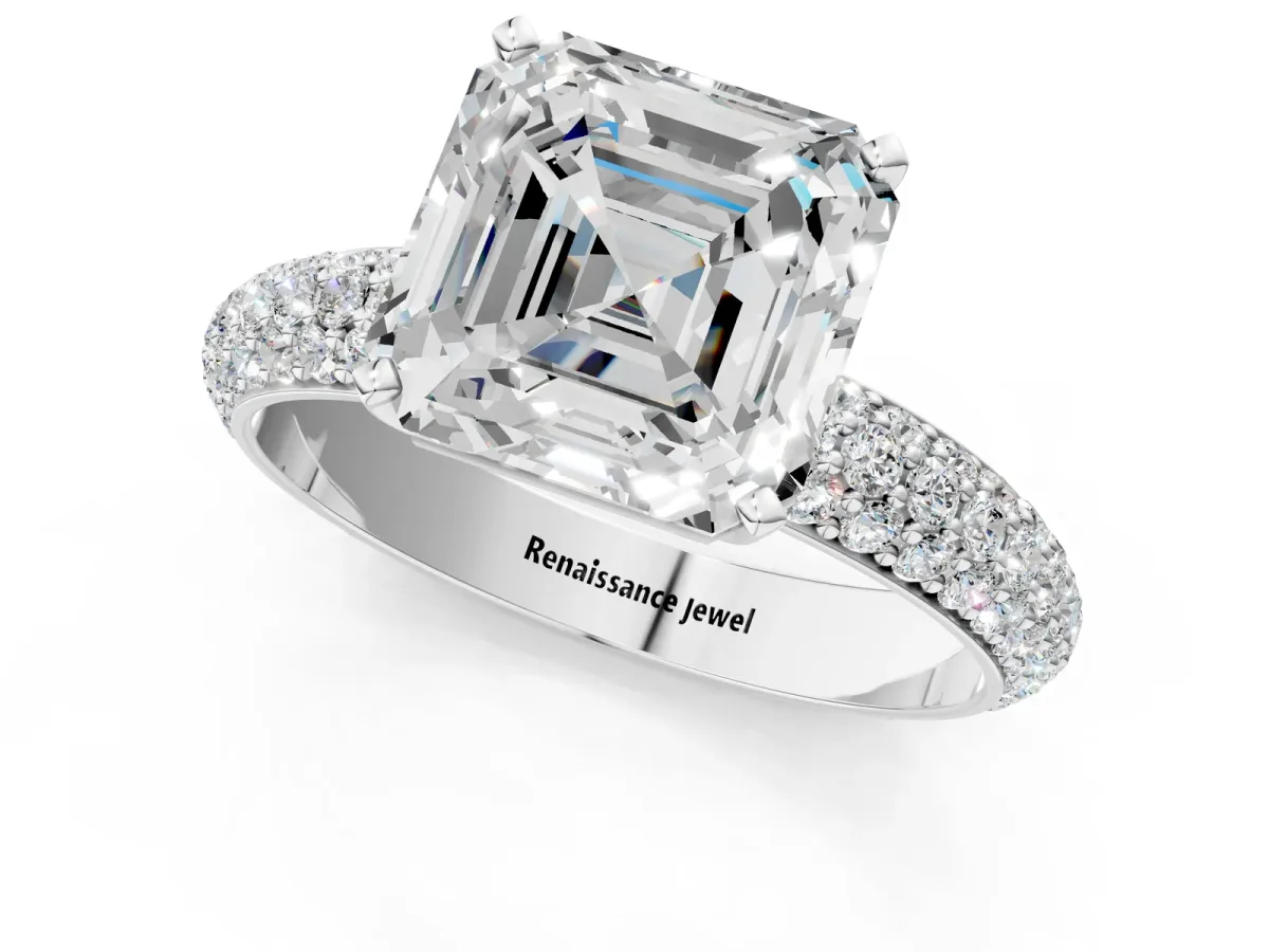 Asscher Cut Diamond Solitaire Ring with Prong Setting and Pavé Band Platinum