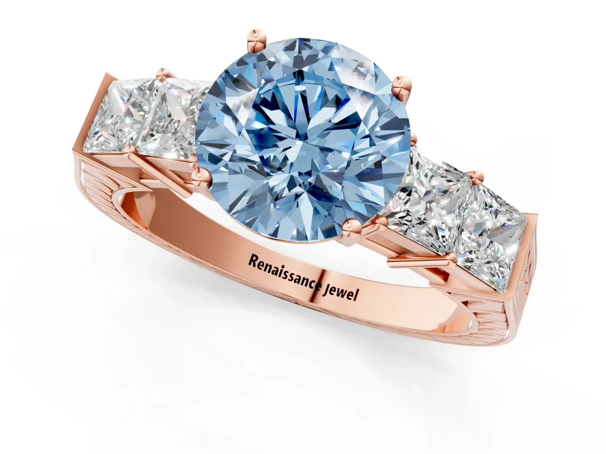 Fancy Blue Round Cut Solitaire Princess Side Stone Engraved Band Prong Setting Ring Rose gold
