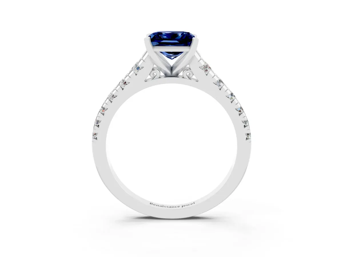 Princess Cut Blue Sapphire Cathedral Solitaire Ring with Round Pavé Band Silver