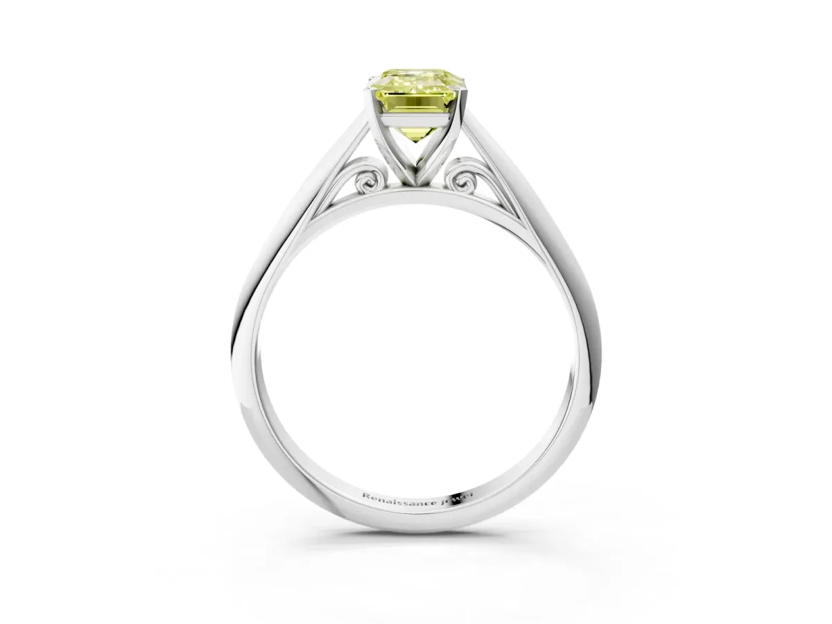 Fancy Yellow Emerald Cut Diamond Solitaire Engagement Ring with Cathedral Setting and Four-Prong Mount White gold
