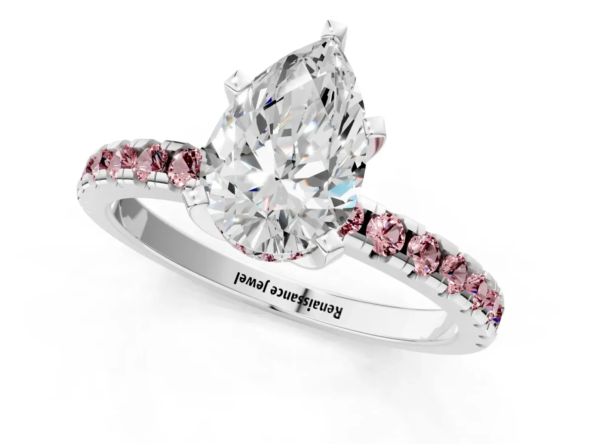Pear Cut Diamond Solitaire Ring with Round Morganite Pavé Band and Four-Prong Setting Silver