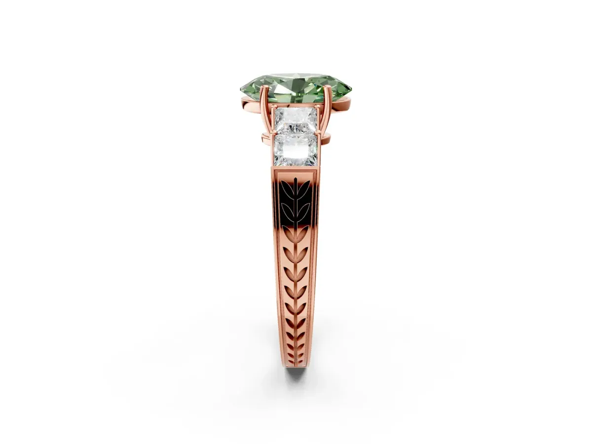 Fancy Green Oval Cut Solitaire Princess Side Stone Engraved Band Prong Setting Ring Rose gold