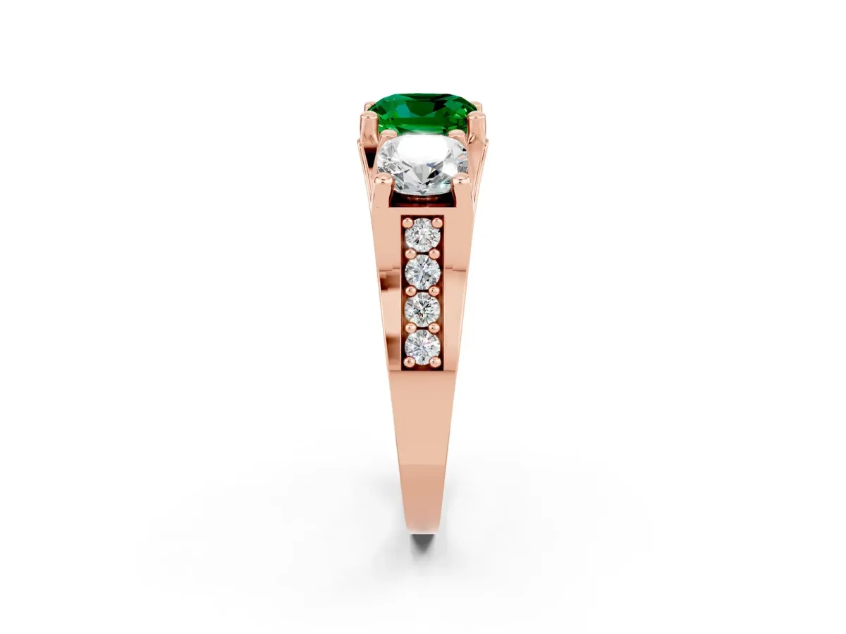 Cushion Cut Emerald Three-Stone Ring with Channel Set Band and Four-Prong Setting Rose gold