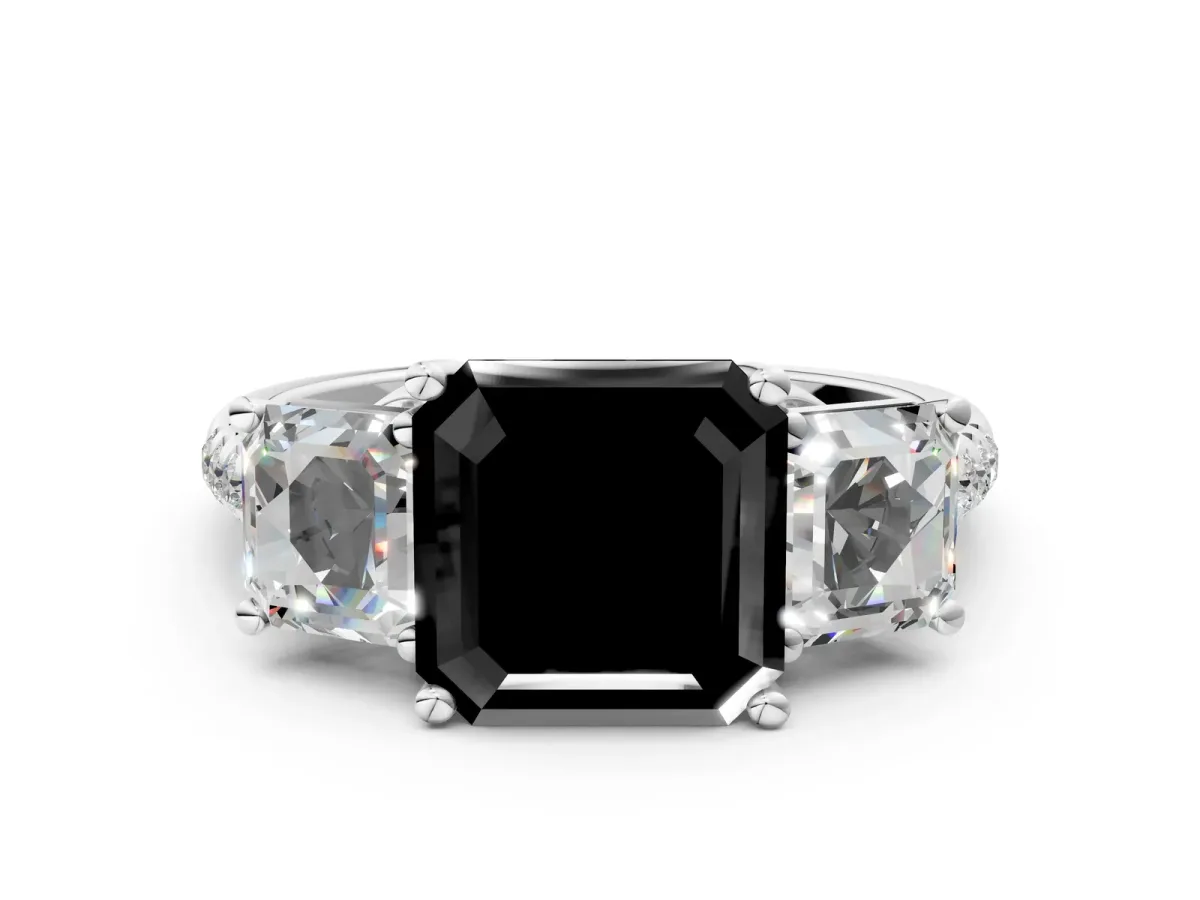 Fancy Black Three-Stone Asscher Cut Diamond Ring with Round Pavé Band and Prong Setting Platinum