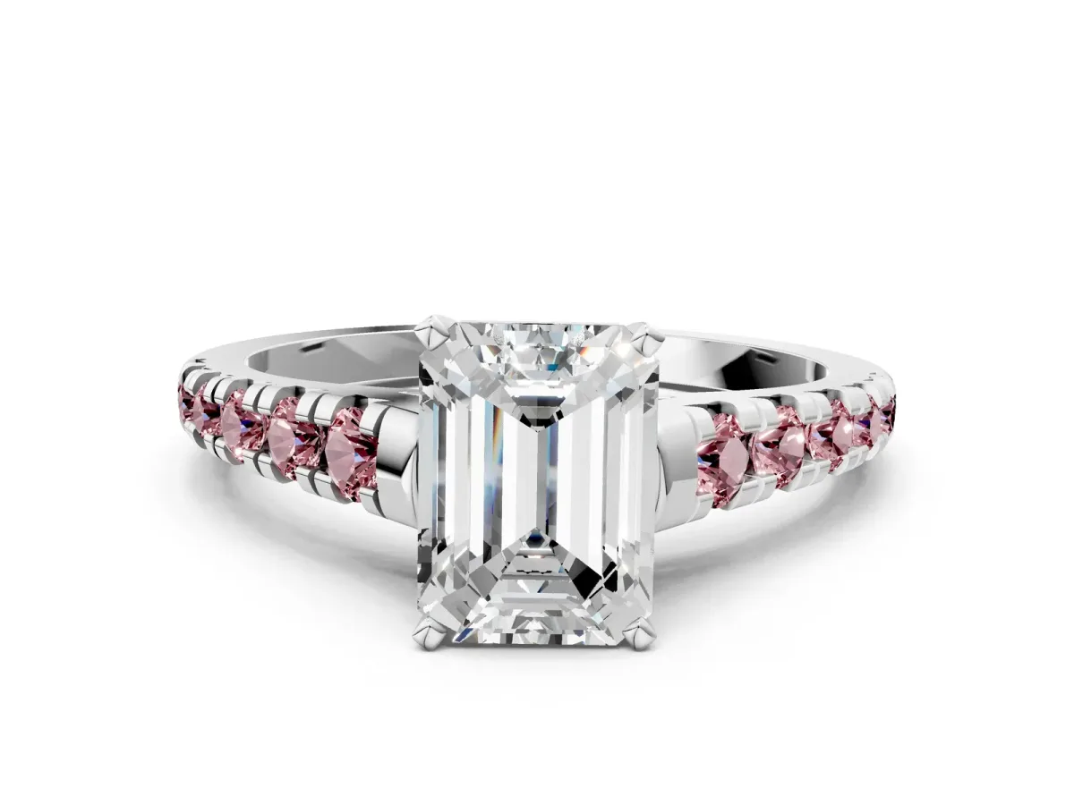 Emerald Cut Diamond Cathedral Solitaire Ring with Round Morganite Pavé Band Silver