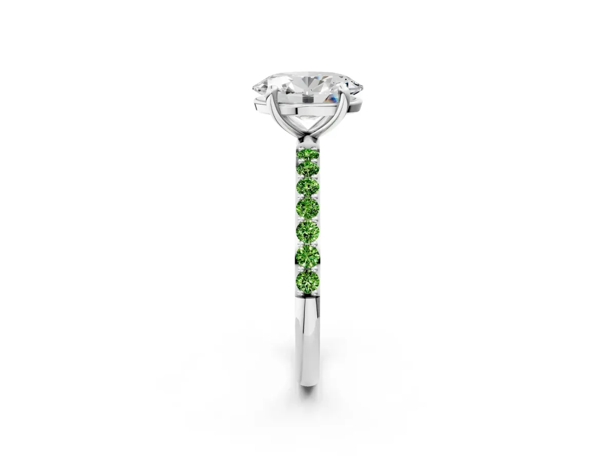 Oval Cut Diamond Solitaire Ring with Round Peridot Pavé Band and Prong Setting Silver