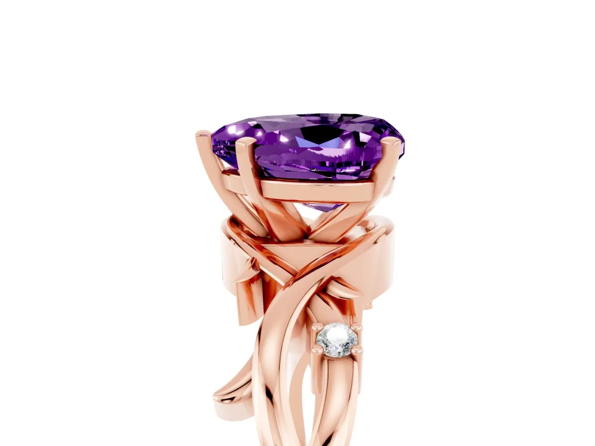 Heart Cut Amethyst Solitaire Ring with Twisted Band and Prong Setting Rose gold