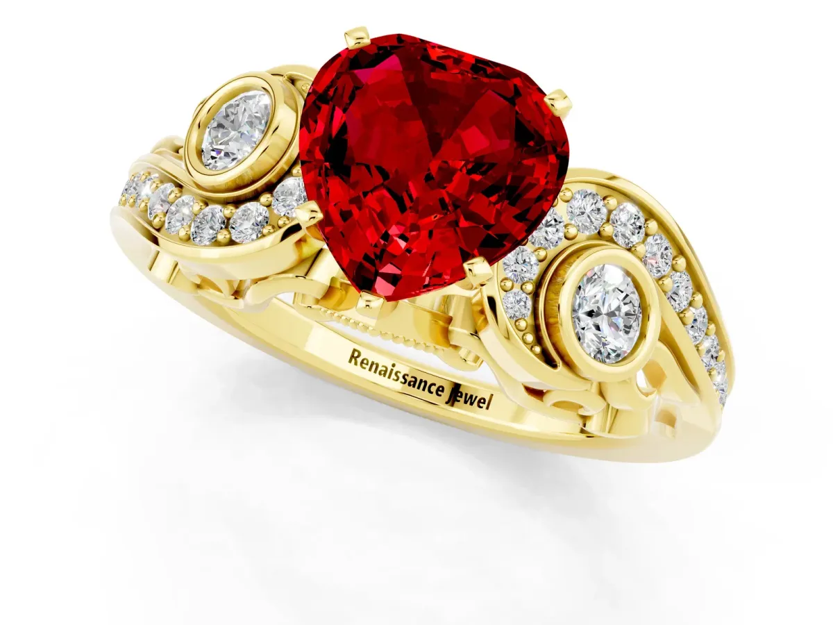 Heart Cut Ruby Solitaire Ring with Milgrain Pavé Band and Four-Prong Setting Yellow gold