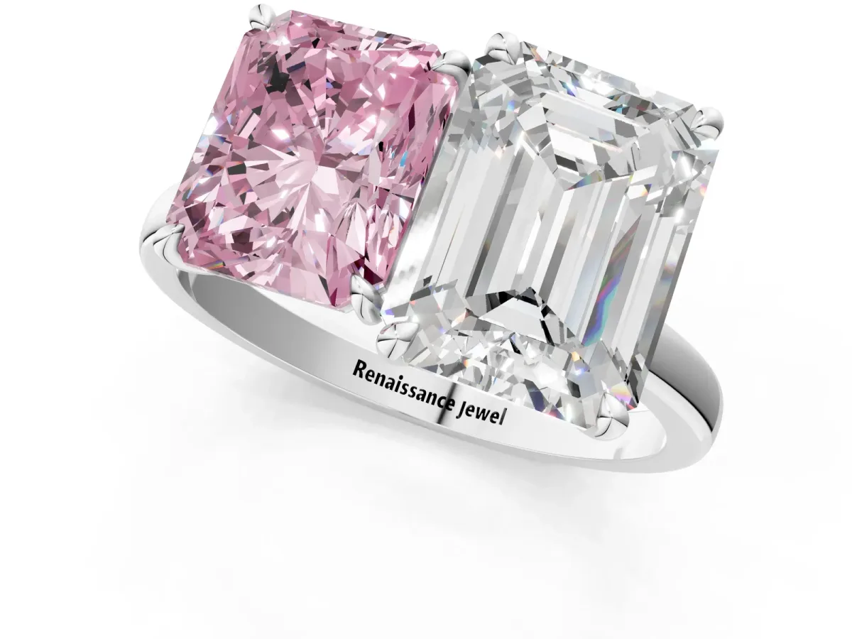 Fancy Pink Radiant Cut and Emerald Cut Toi Moi Ring with Prong Setting White gold
