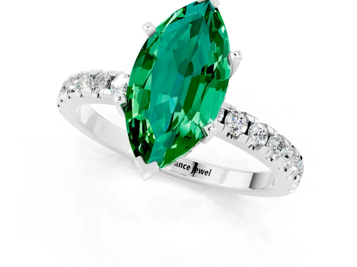 Marquise Cut Emerald Solitaire Ring with Round Pavé Band and Four-Prong Setting Silver