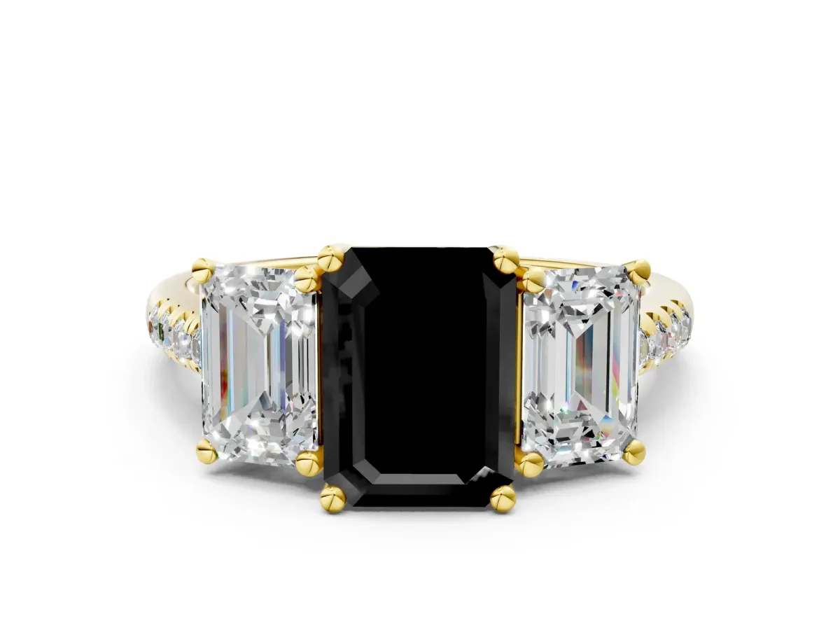 Fancy Black Three-Stone Emerald Cut Diamond Ring with Round Pavé Band and Prong Setting Yellow gold