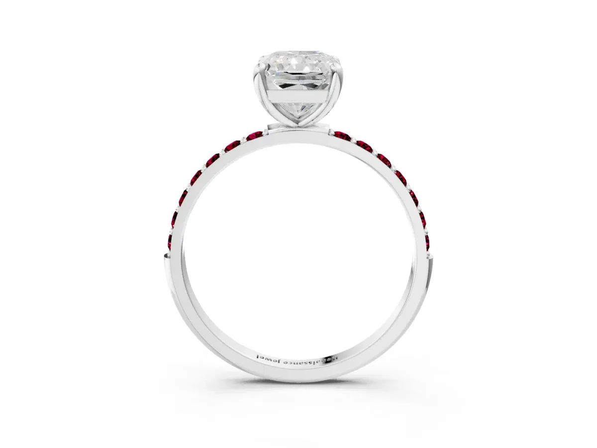 Radiant Cut Diamond Solitaire Ring with Round Garnet Pavé Band and Prong Setting Silver